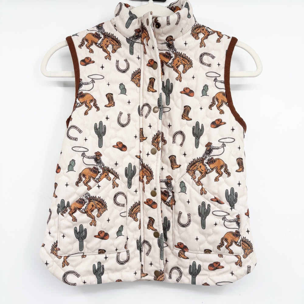 Fornia Kids Quilted Corduroy Western Cowboy Rodeo Print Puffer Vest Size 12
